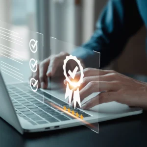 Hands on keyboard with virtual checklist